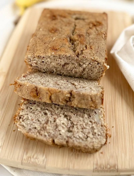 freshly baked banana bread made with almond pulp